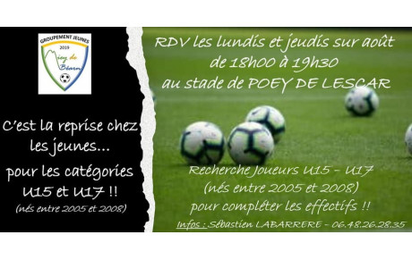 C’est la reprise pour les jeunes U15 et U17 du Groupement Jeunes du Miey de Béarn !  Rendez-vous sur le terrain de Poey de Lescar pour le mois d’août 🏟