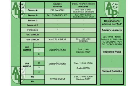 Le planning du 11 et 12 septembre : La reprise du championnat pour les 2 équipes Séniors 💪🏻