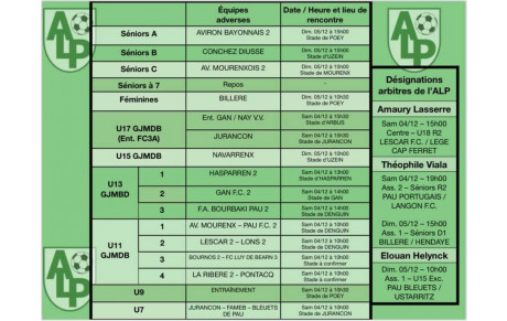 Le planning du 4 et 5 décembre :