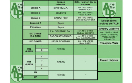 Le planning du 18 et 19 décembre :