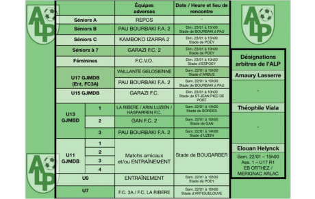 Le planning du 22 et 23 janvier :